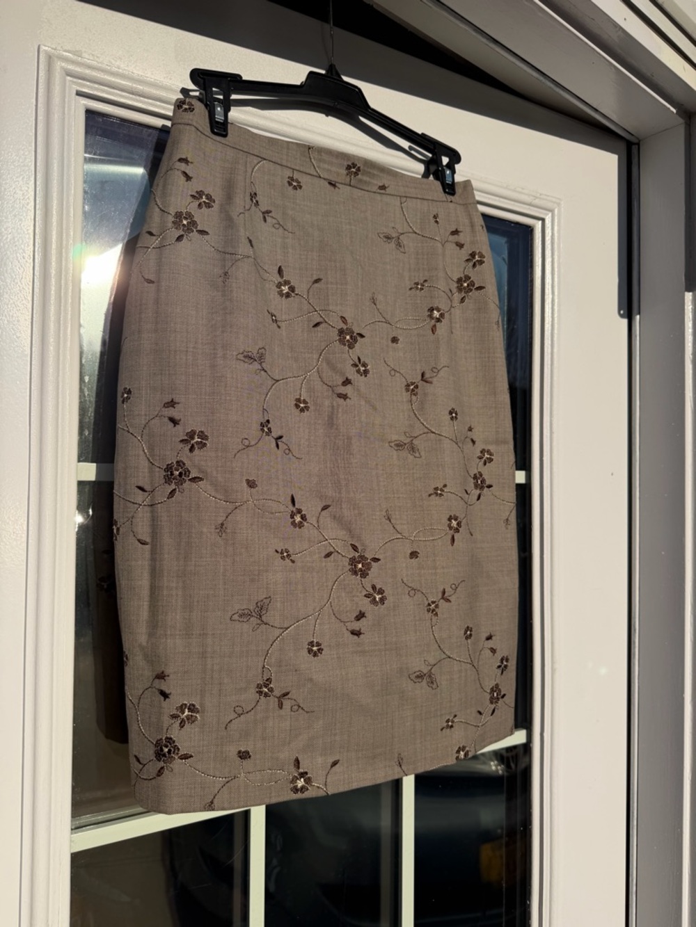 Vintage Escada Taupe Pencil Skirt with Brown Floral Embroidery